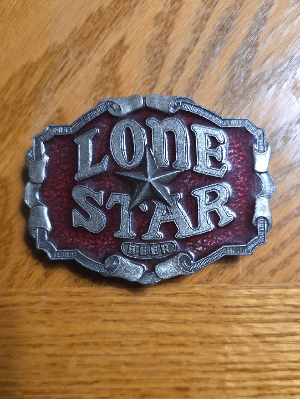 Lone Star Beer Decorative Belt Buckle And Can Opener - Red and Silver